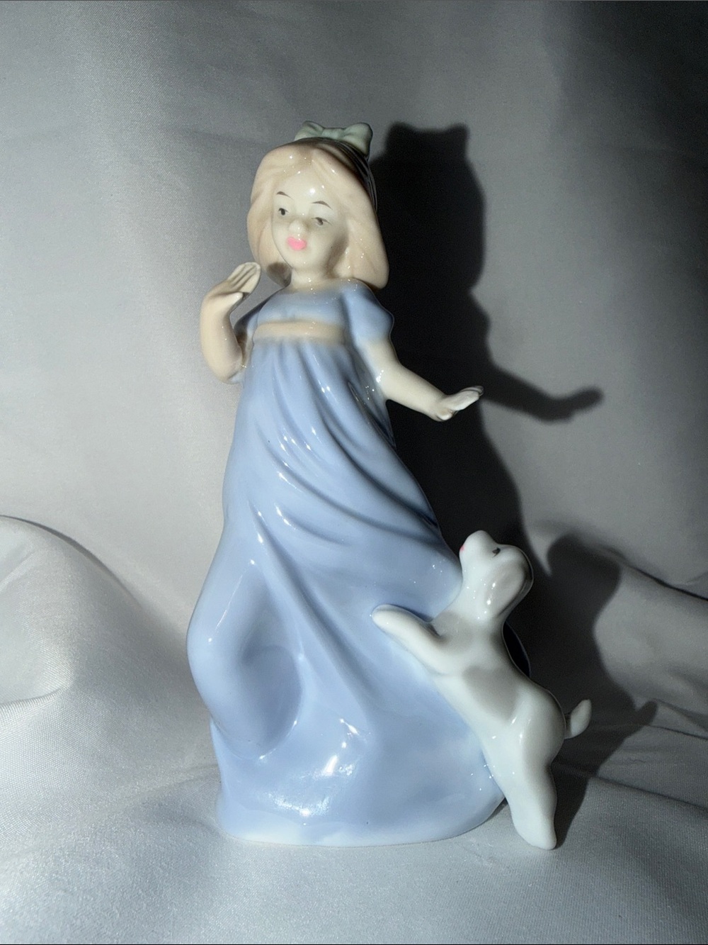 Porcelain Girl Figurine with Cat - Pale Blue
